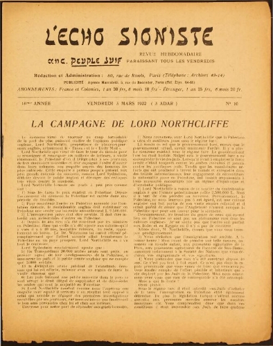 L'Echo Sioniste. Vol. 16 n° 10 (3 mars 1922)